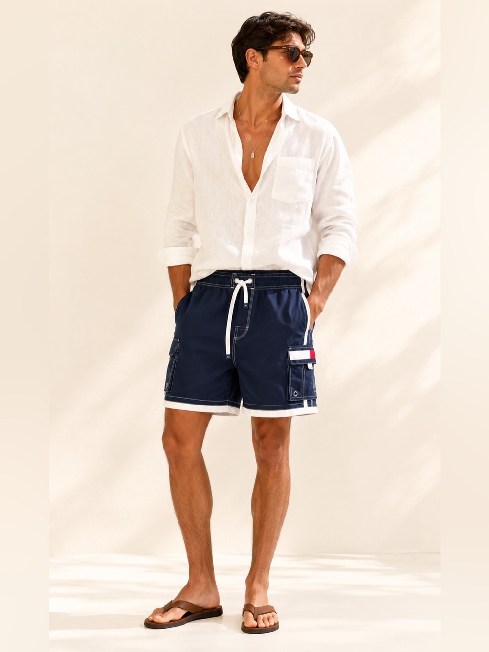 Tommy Hilfiger Navy Swim Shorts with Red Waistband